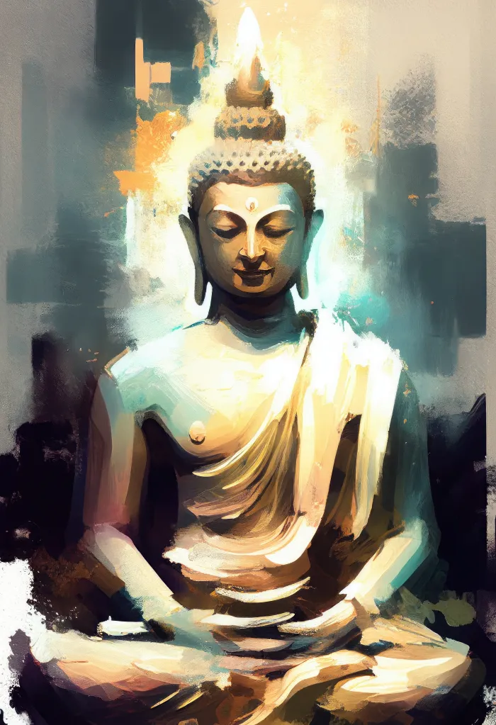 Contemporary abstract painting of Lord Buddha meditating with radiant golden and teal aura. | PrintPosters.in